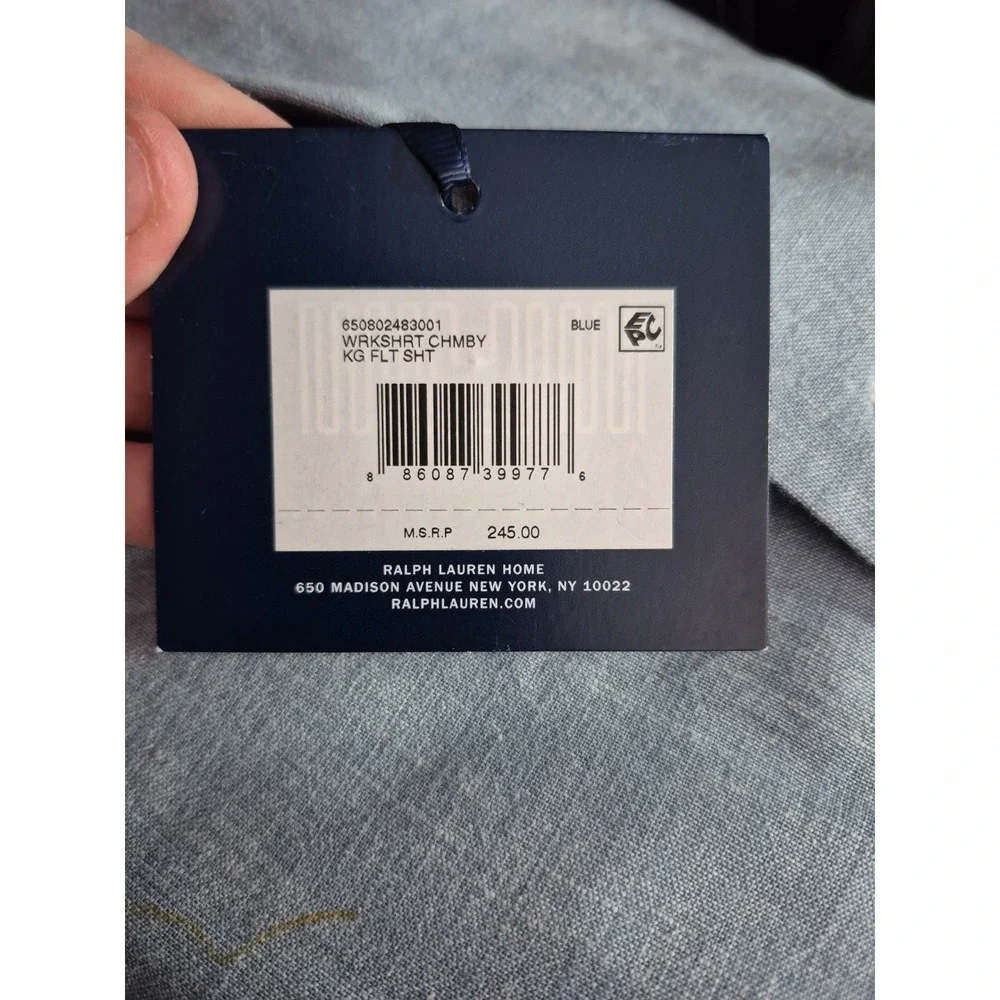 Ralph Lauren Workshirt Chambray King Flat Sheet Blue Luxury Bedding 114x108 NEW